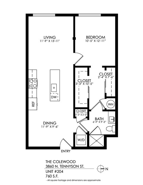 Floor plan for 1 bed, 1 bath, 760 sqft